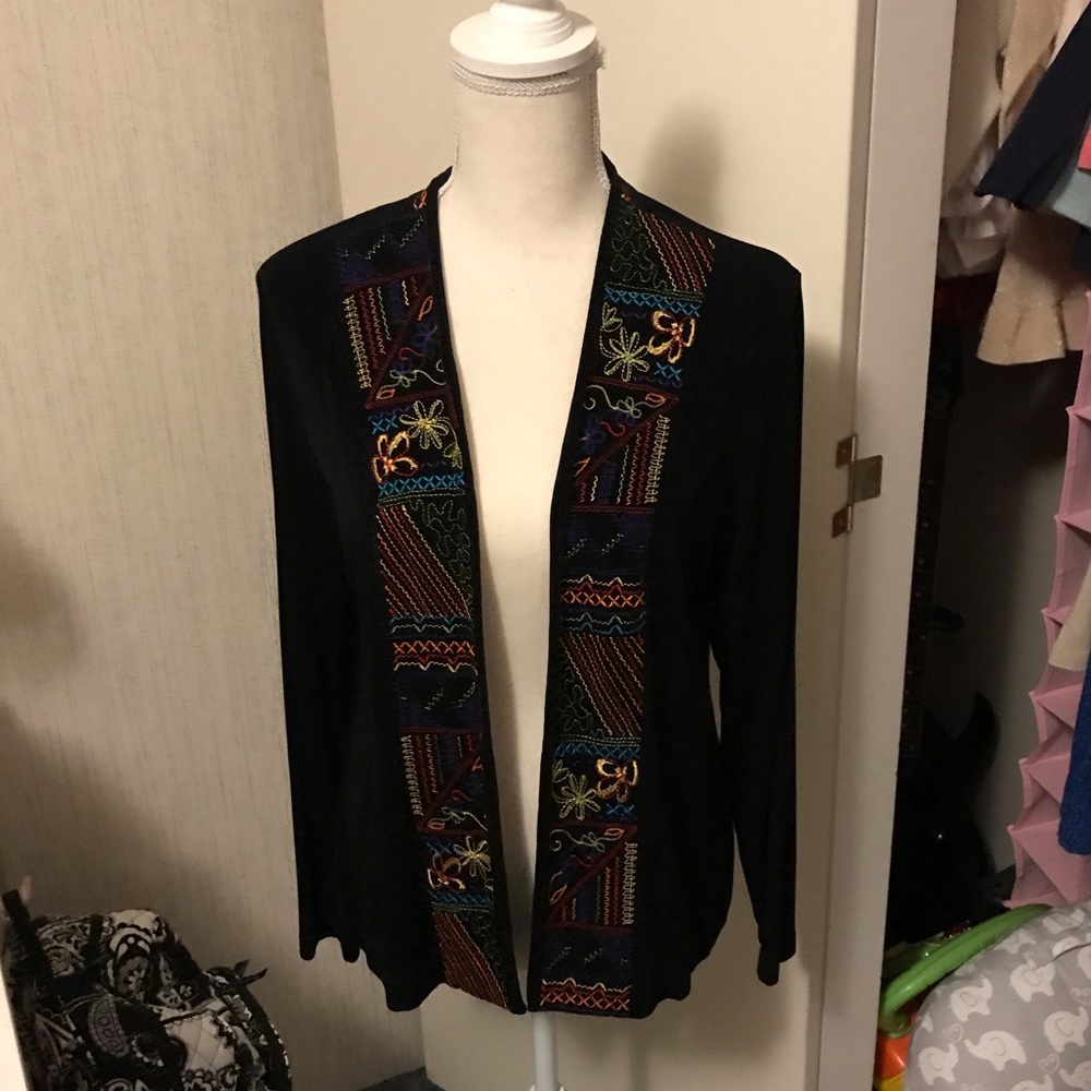 Chico’s colorful cardigan.